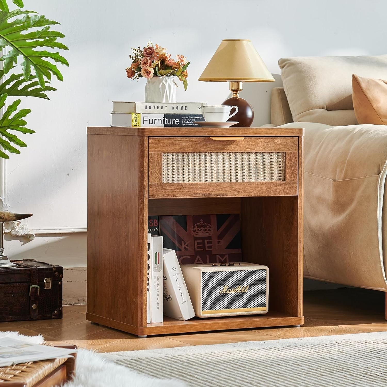 Wide Rattan Bedside Table Nightstand with Drawer Boho Wood