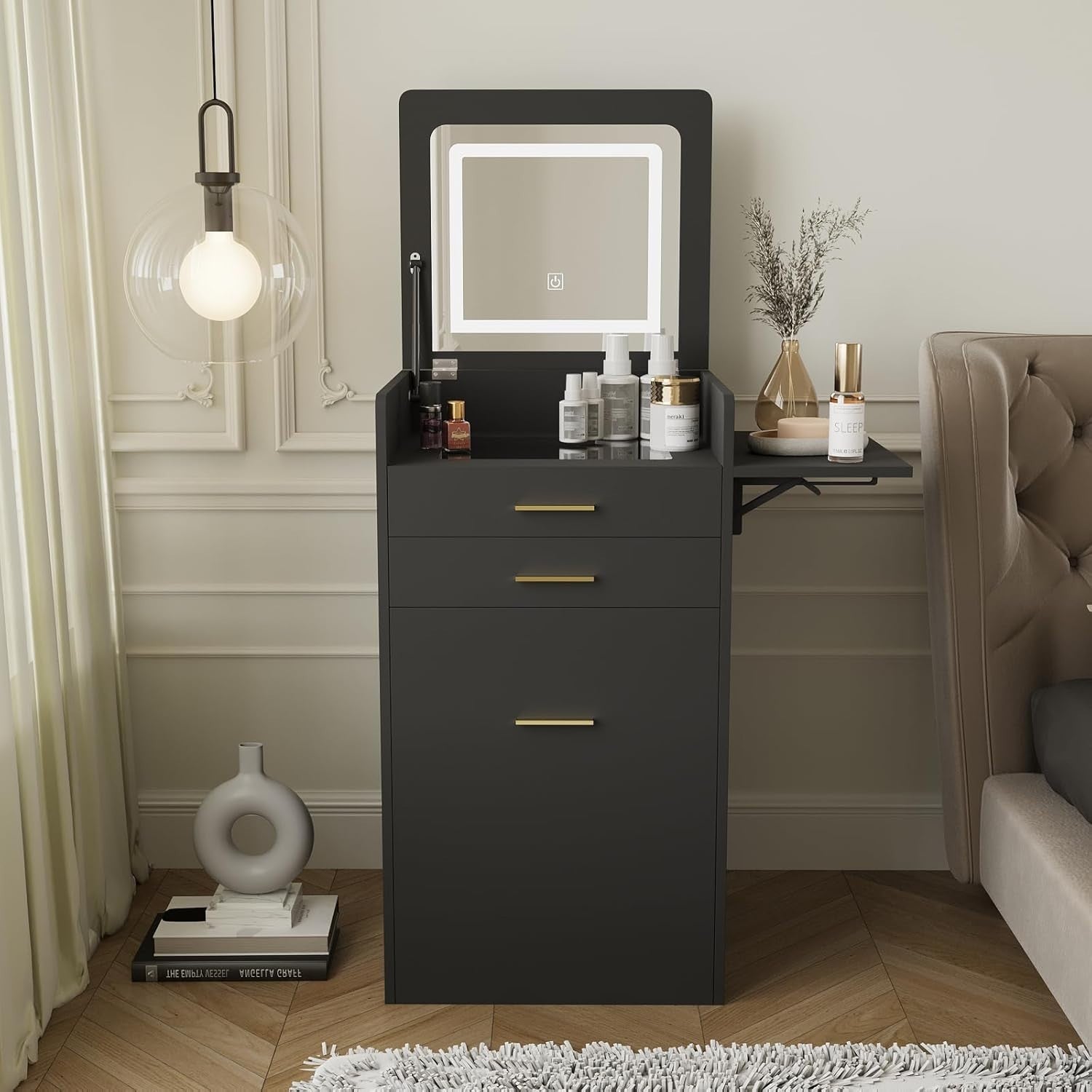 Black Foldable Vanity Desk w/ Lighted Mirror & Stool Small Space 2 Drawers