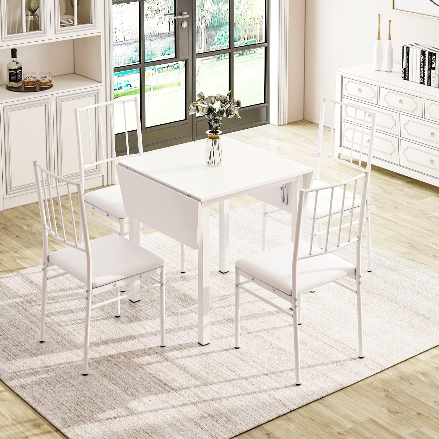 Space-Saving Drop Leaf White Dining Table & 2 High-Back Grey PU Leather Chairs