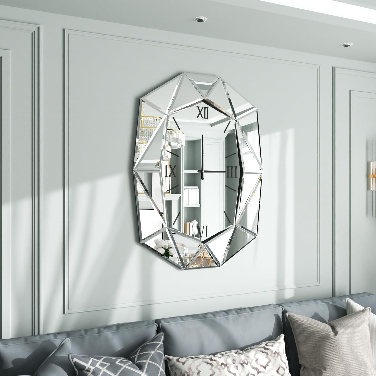 Beveled Glass Wall Clock with Roman Numerals | Silent, Modern Silver Decor