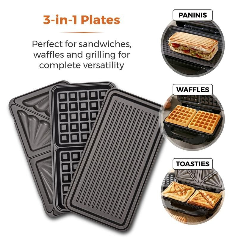 Tower 3-in-1 Deep Fill Sandwich Waffle Grill Maker | 900W Non-Stick Plates