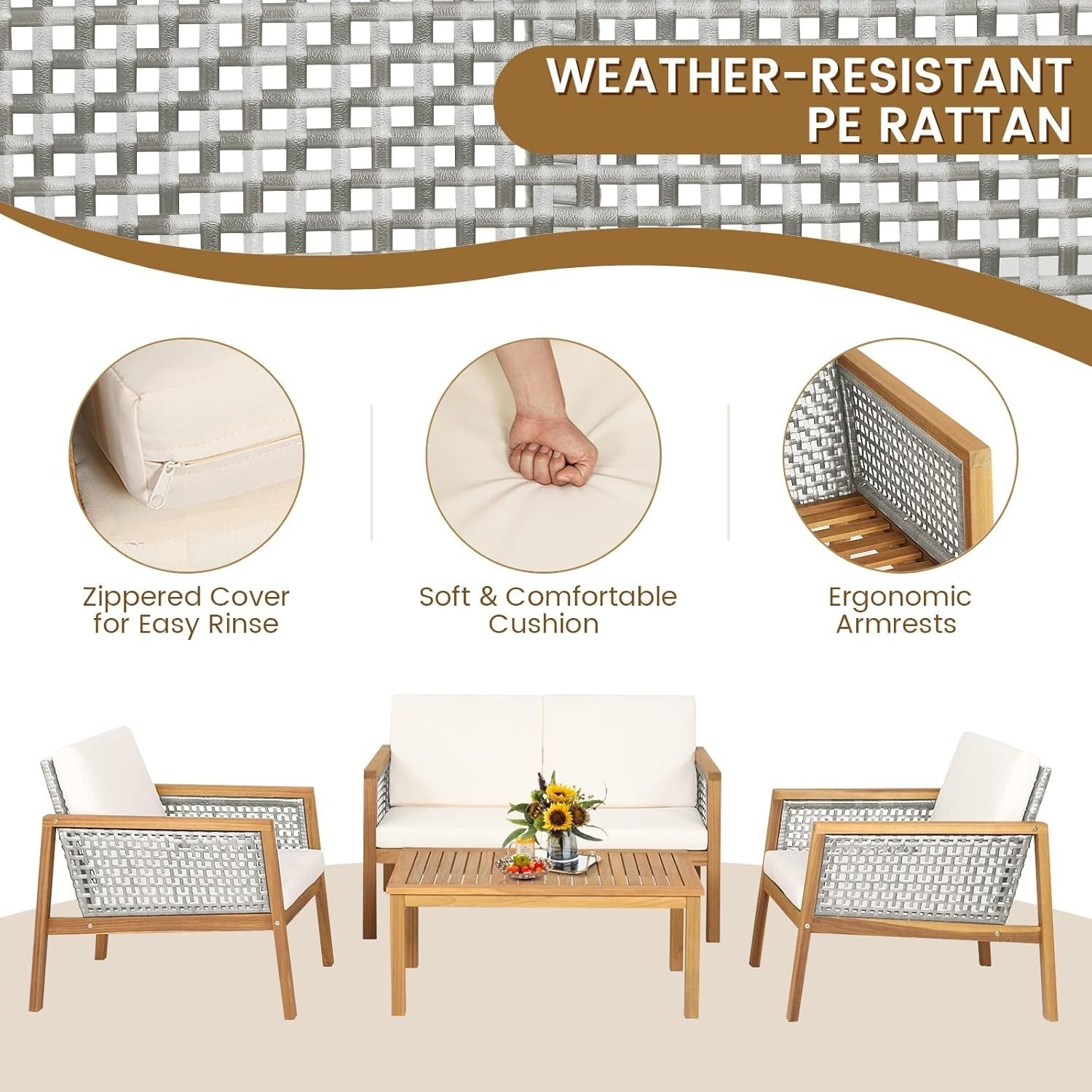 4PC Acacia Rattan Garden Sofa Set Outdoor Patio Seating w/ Table