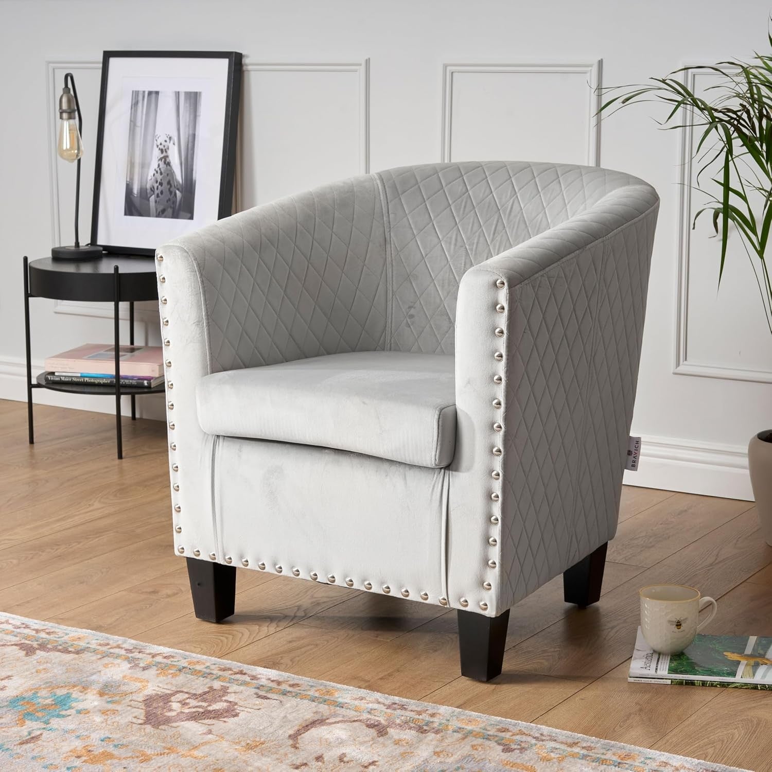 Grey Velvet Tub Chair Studded Accent Armchair Retro Lounge Seat