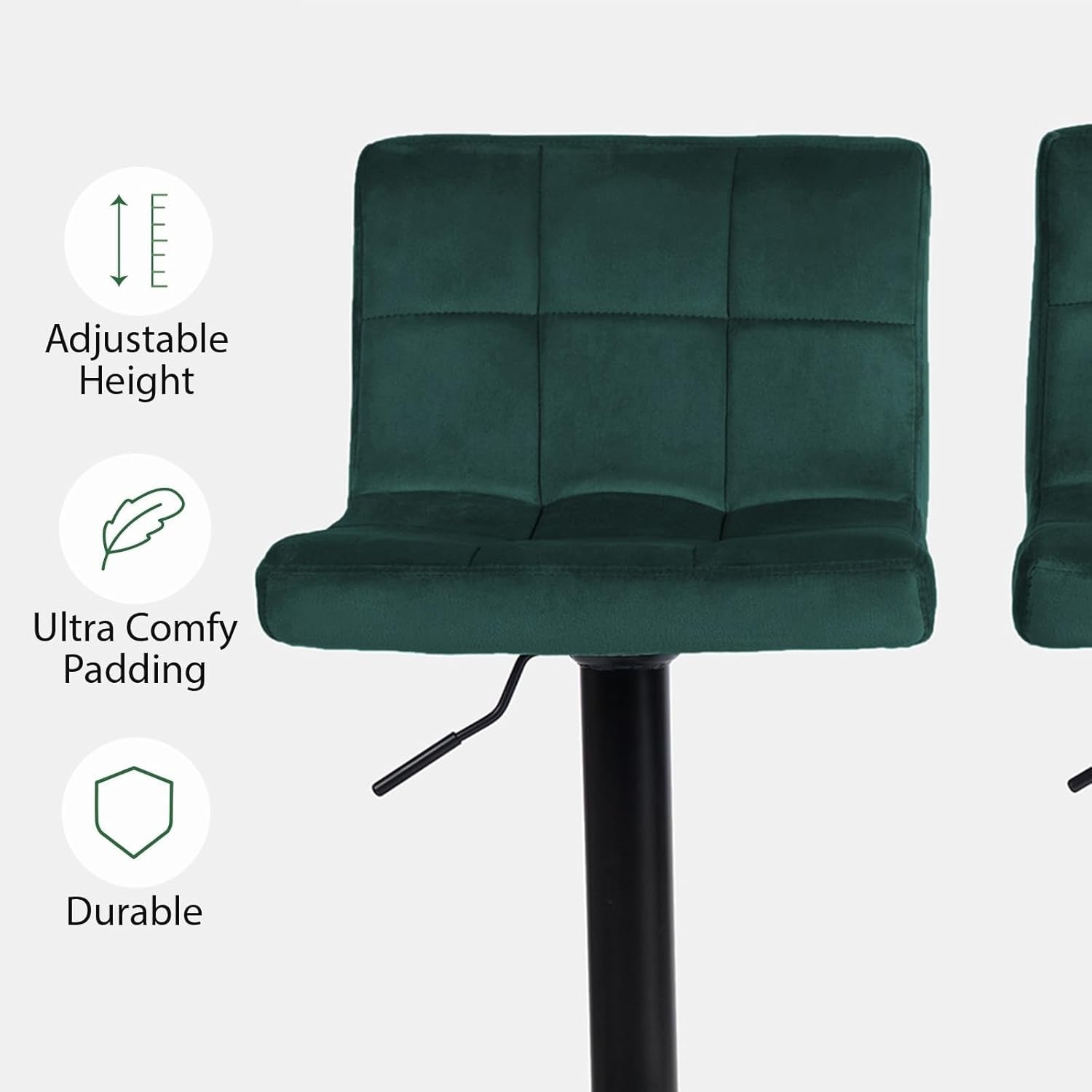 Set of 2 Adjustable Teal Velvet Bar Stools with Swivel & Footrest