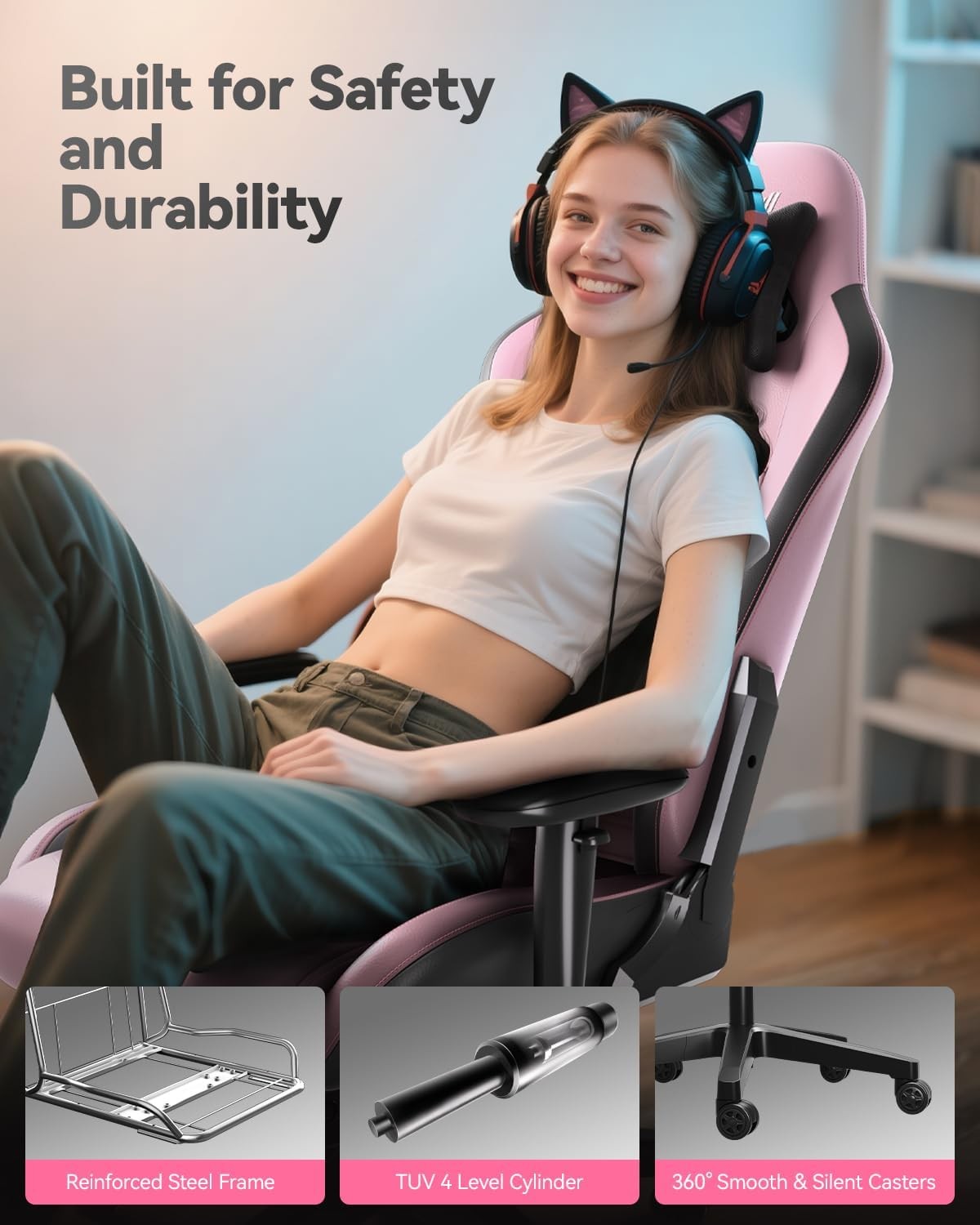 Ergonomic Gaming Chair PU Leather Recliner 3D Lumbar Footrest Pink