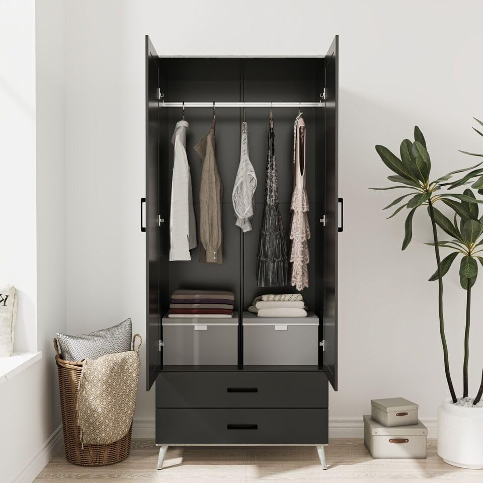 Black 2 Door Wardrobe with Drawers & Rail – Tall Bedroom Storage Unit
