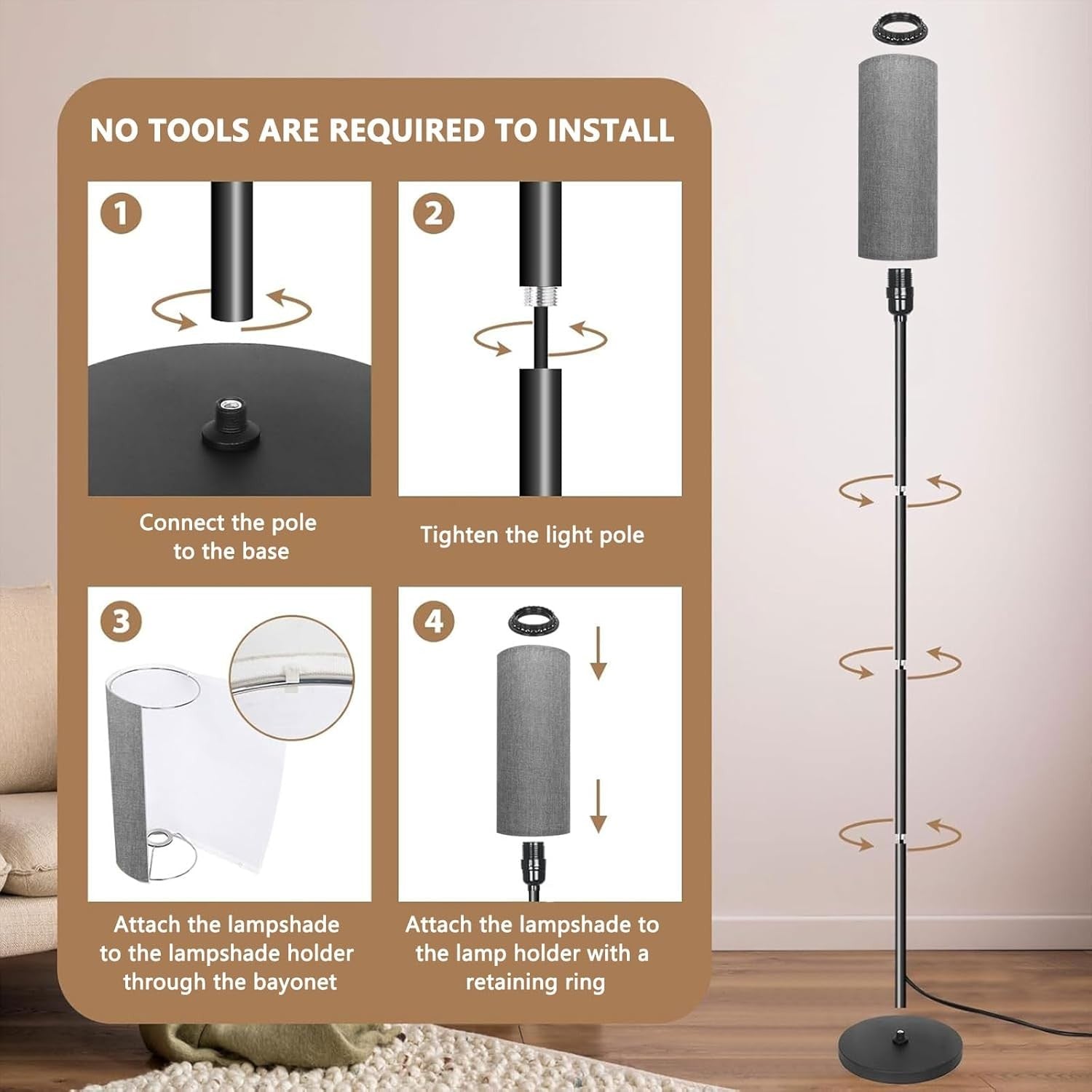 Tall Floor Lamp Grey Fabric Shade Dimmable Standing Light Foot Switch
