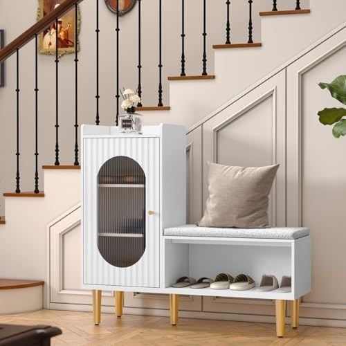 L-Shaped Shoe Storage Bench with Cushion Glass Doors 100×30×92 cm White