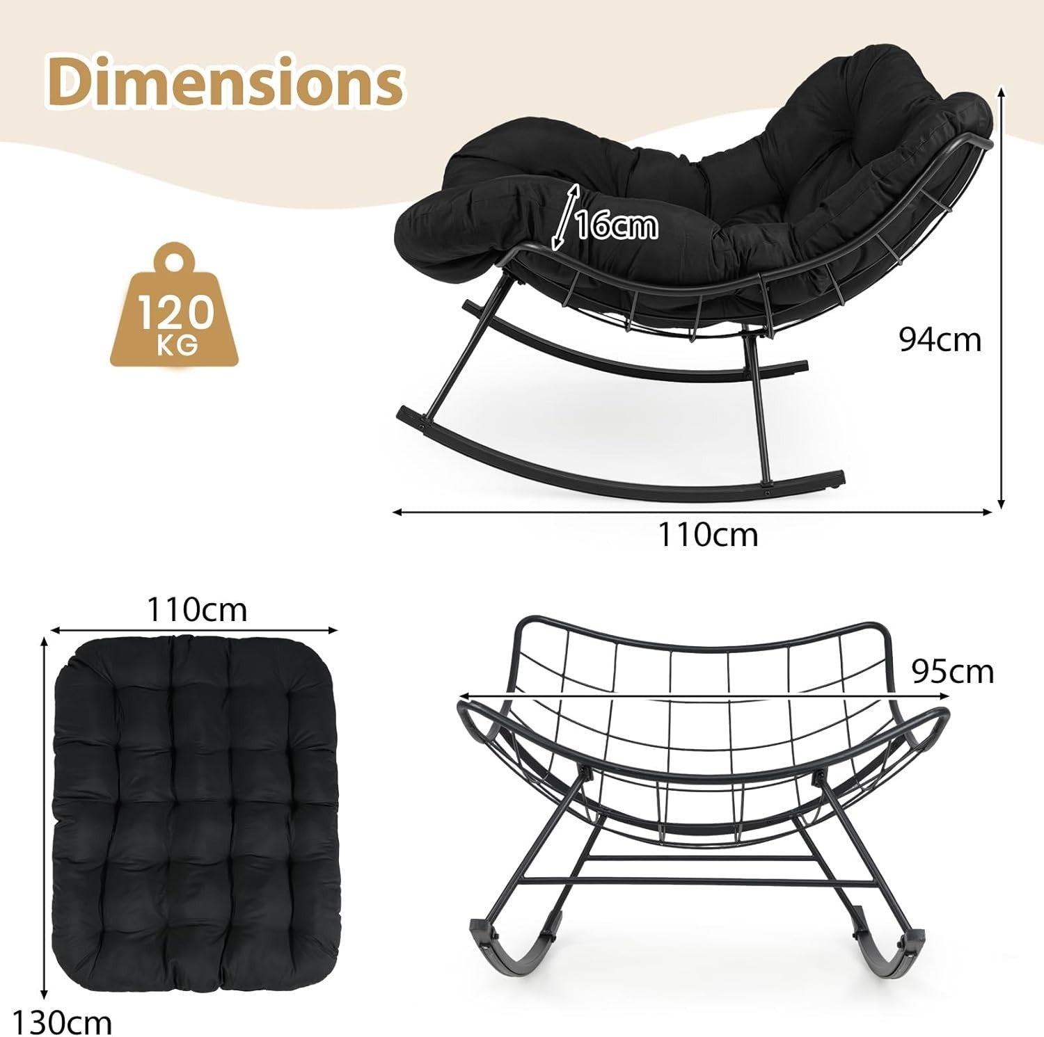 Oversized Egg Rocking Chair Outdoor Indoor Thick Cushion Comfy Seat