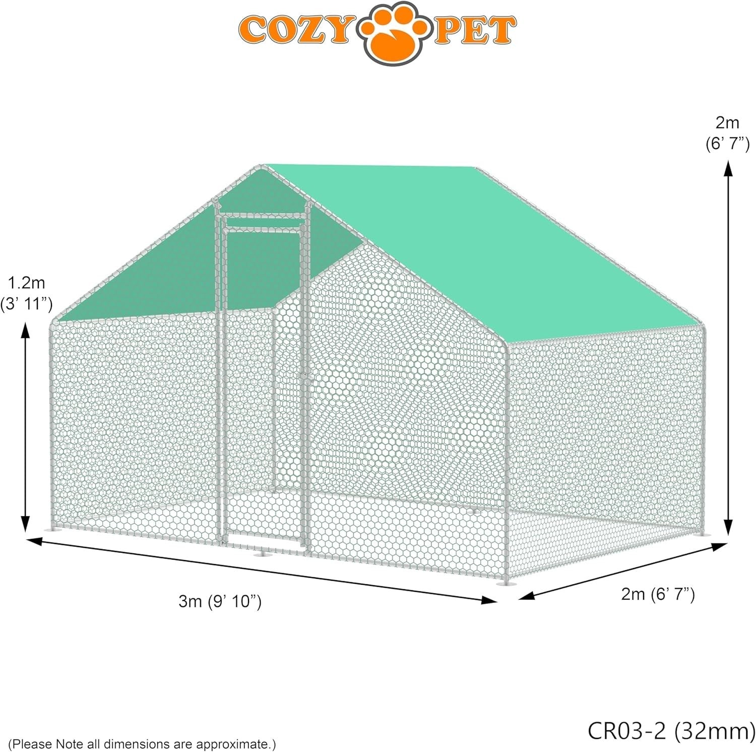 3x2m Walk In Chicken Run 32mm Heavy Duty Steel Coop