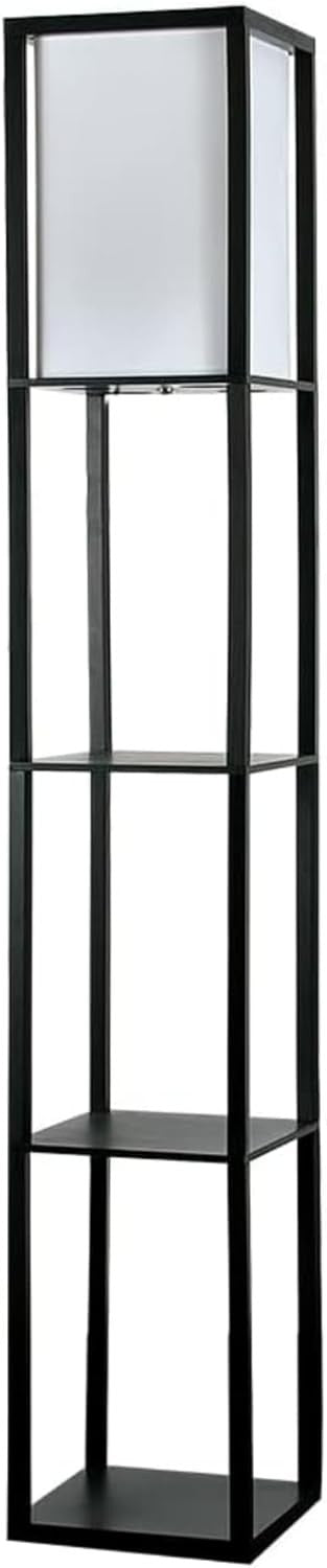 Wooden Floor Lamp with Shelves Black Modern Standing Light Storage