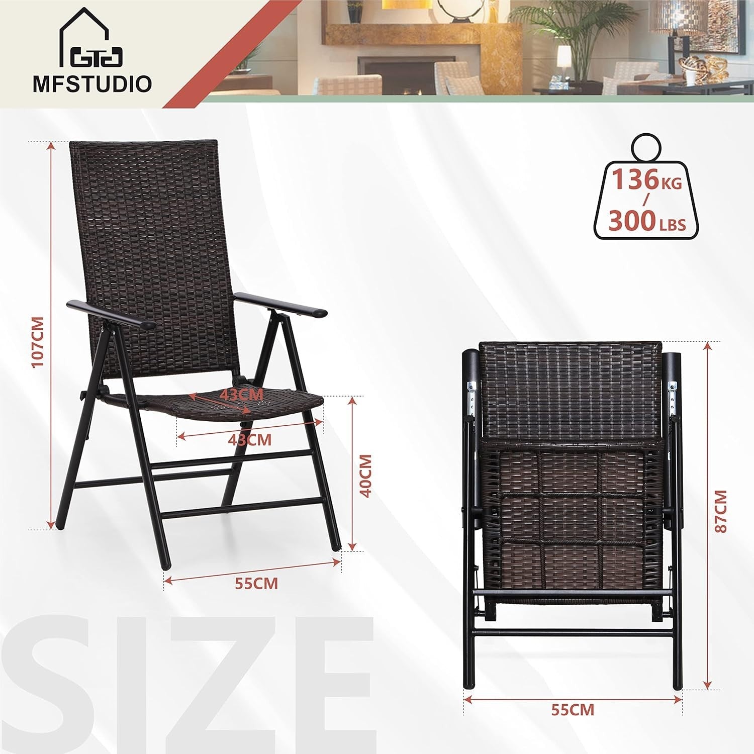 Folding Rattan Garden Chairs Set of 2 Adjustable High Back Patio Seating