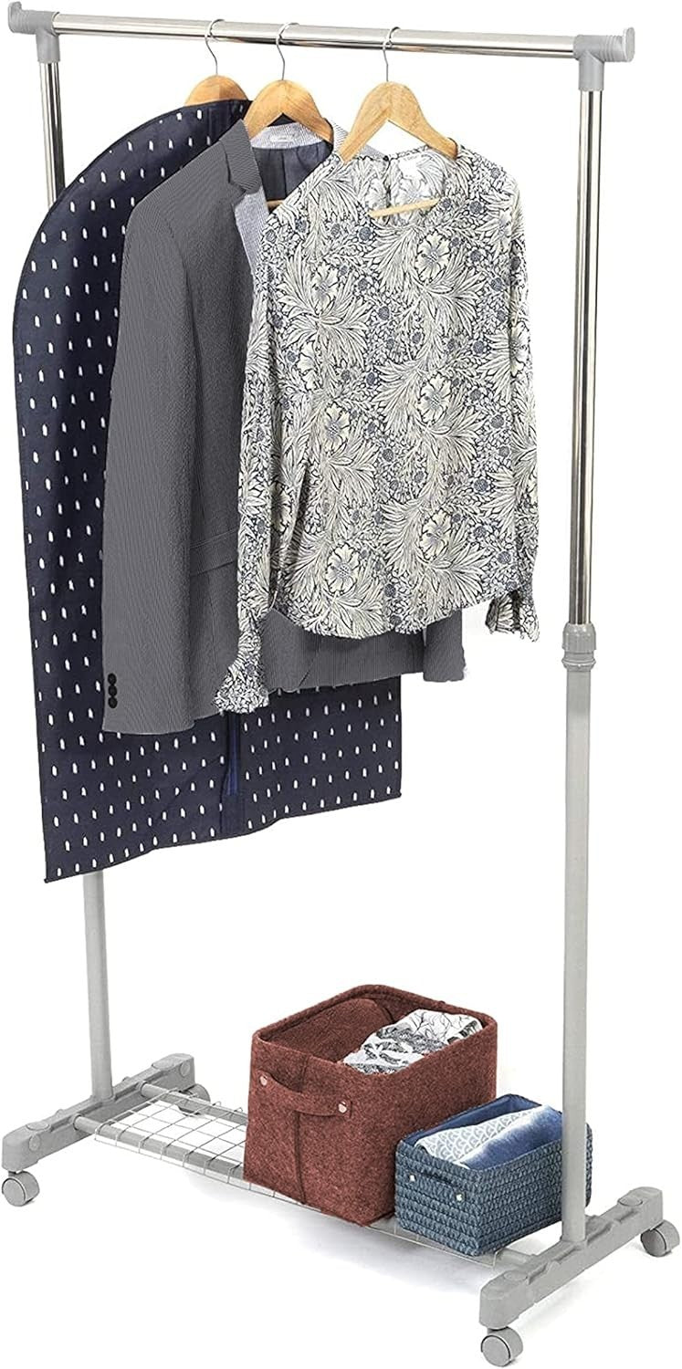 White & Chrome Adjustable Steel Clothes Rail with Wheels