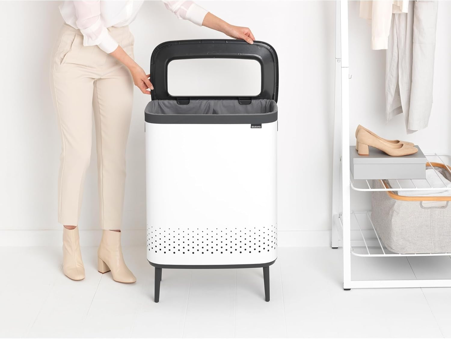 Modern 2×45L Laundry Bin with Lid, Quick-Drop Opening & Removable Bags White