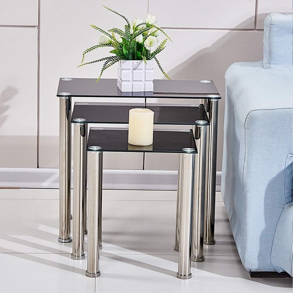 Nest of 3 Modern Coffee Table Set Rectangular Glass Top Chrome Metal Legs Black
