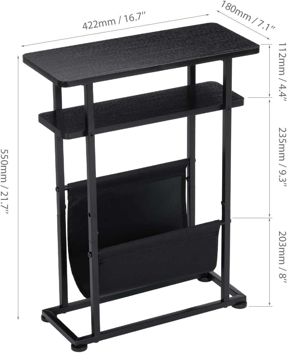 Slim Industrial Side Table with Magazine Holder & Adjustable Feet for Small