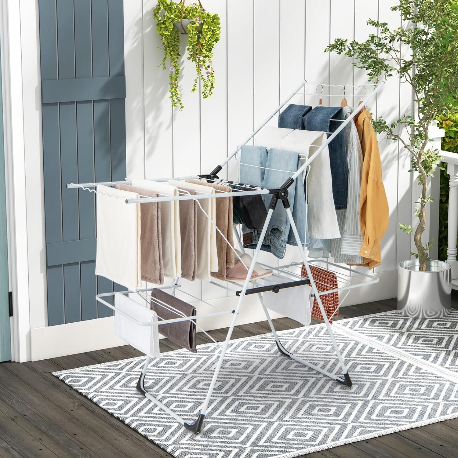 Foldable Clothes Drying Rack 2 Tier Airer Adjustable Wings Indoor Outdoor