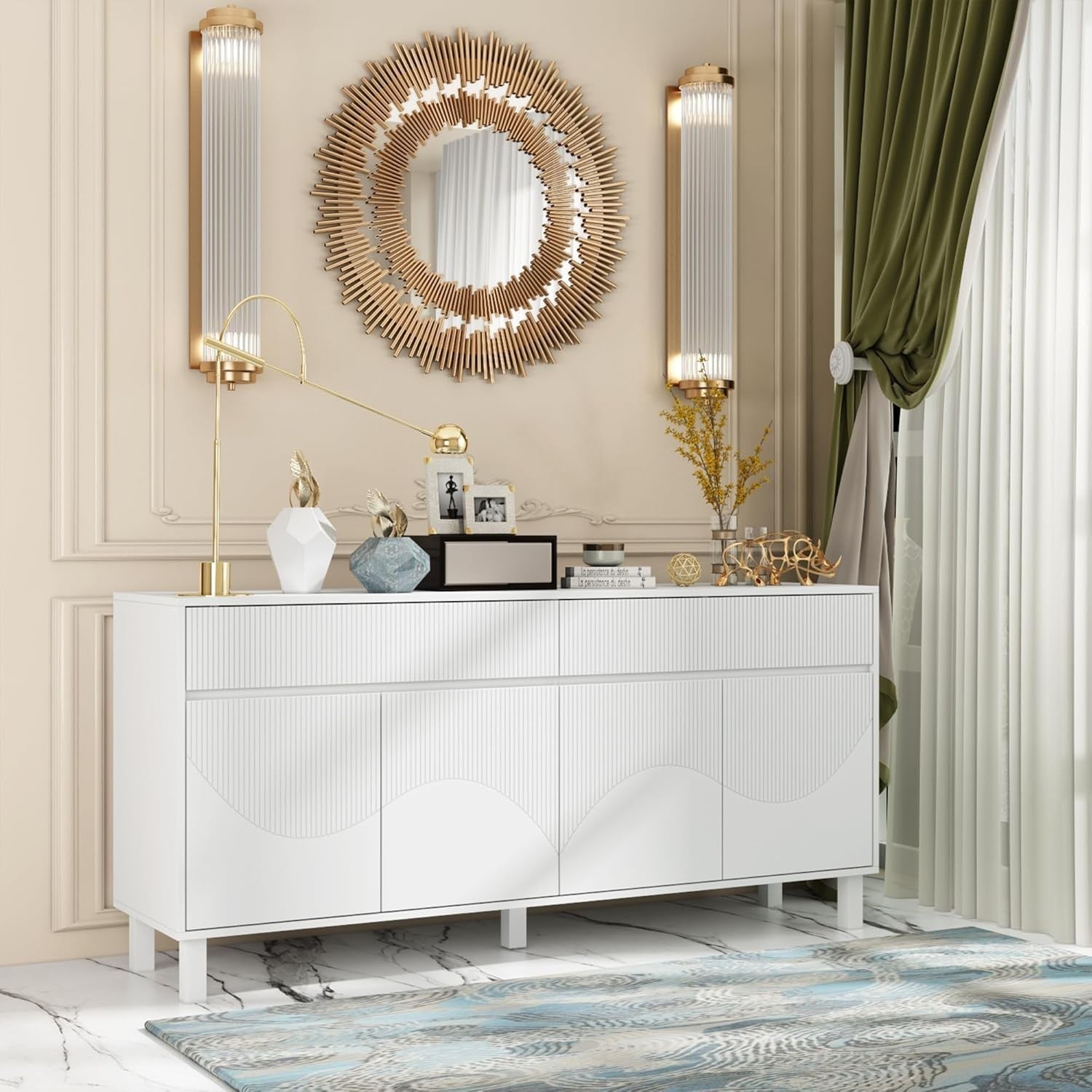 White Sideboard Buffet Storage Cabinet 4 Doors 2 Drawers Modern 160cm