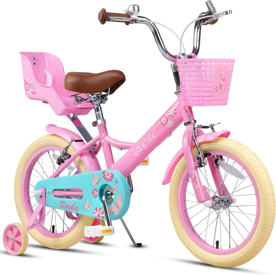 16 Inch Girls Kids Bike with Stabilisers Basket Doll Seat Pink Age 4-8