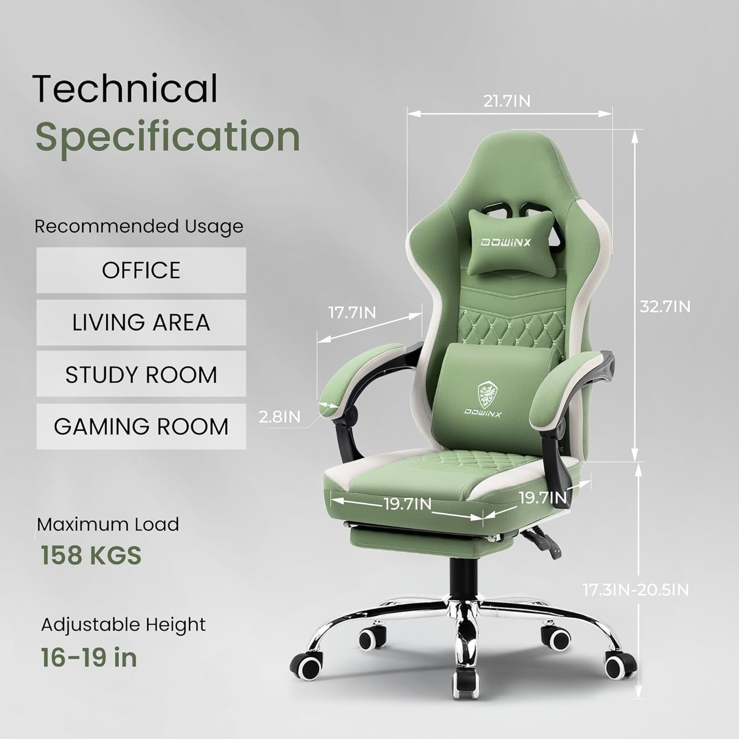 Oversized Gaming Chair Breathable Fabric Recliner w/ Footrest Green
