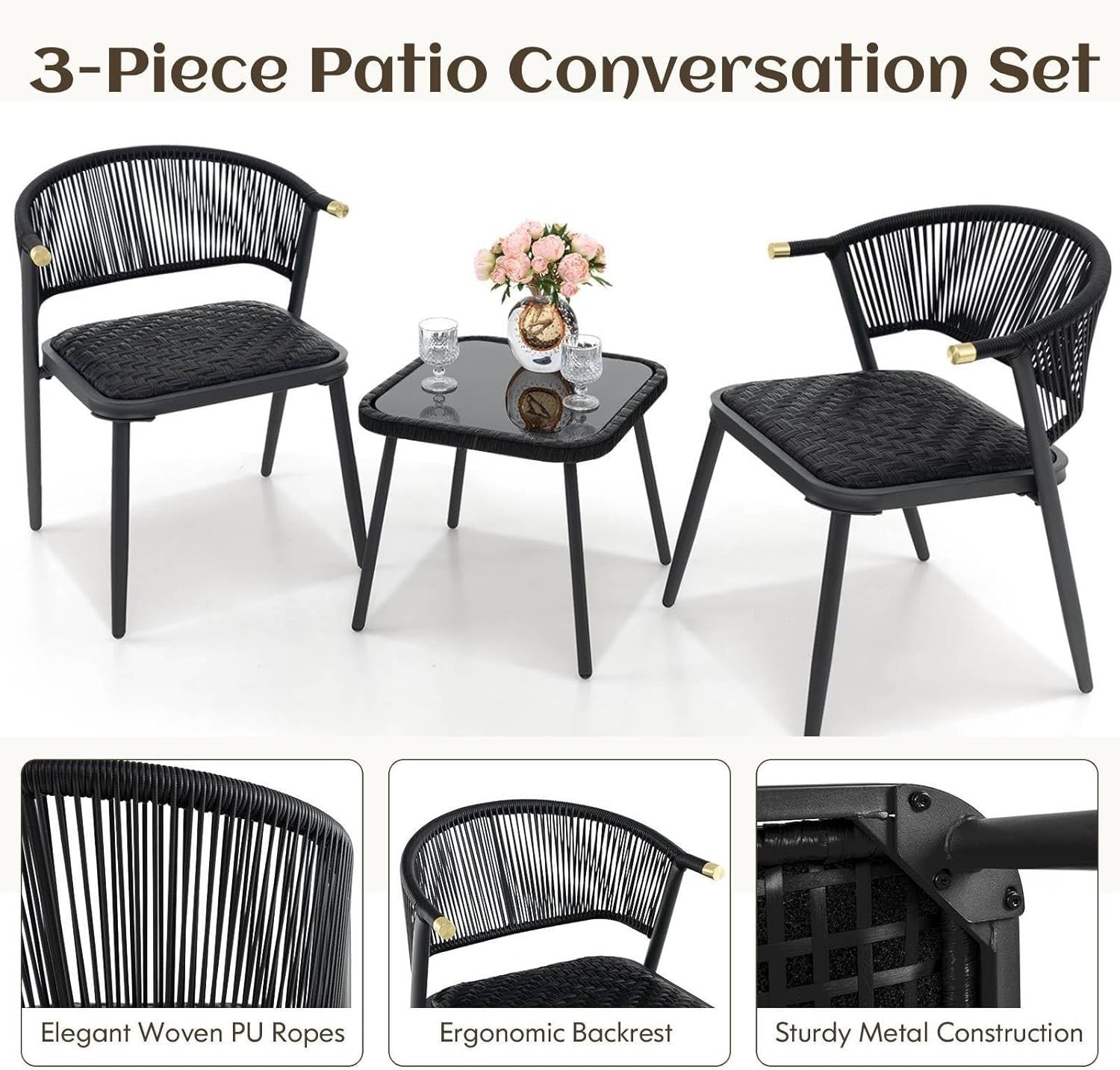 3pc Outdoor Rattan Bistro Set with Cushioned Chairs Glass Table Patio Balcony