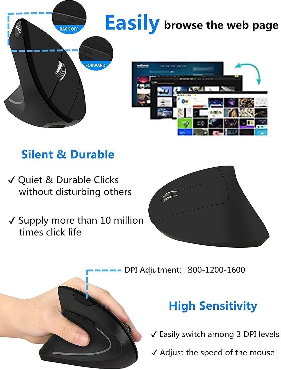 Left Handed Vertical Ergonomic Wireless Mouse 1600 DPI Comfort Grip
