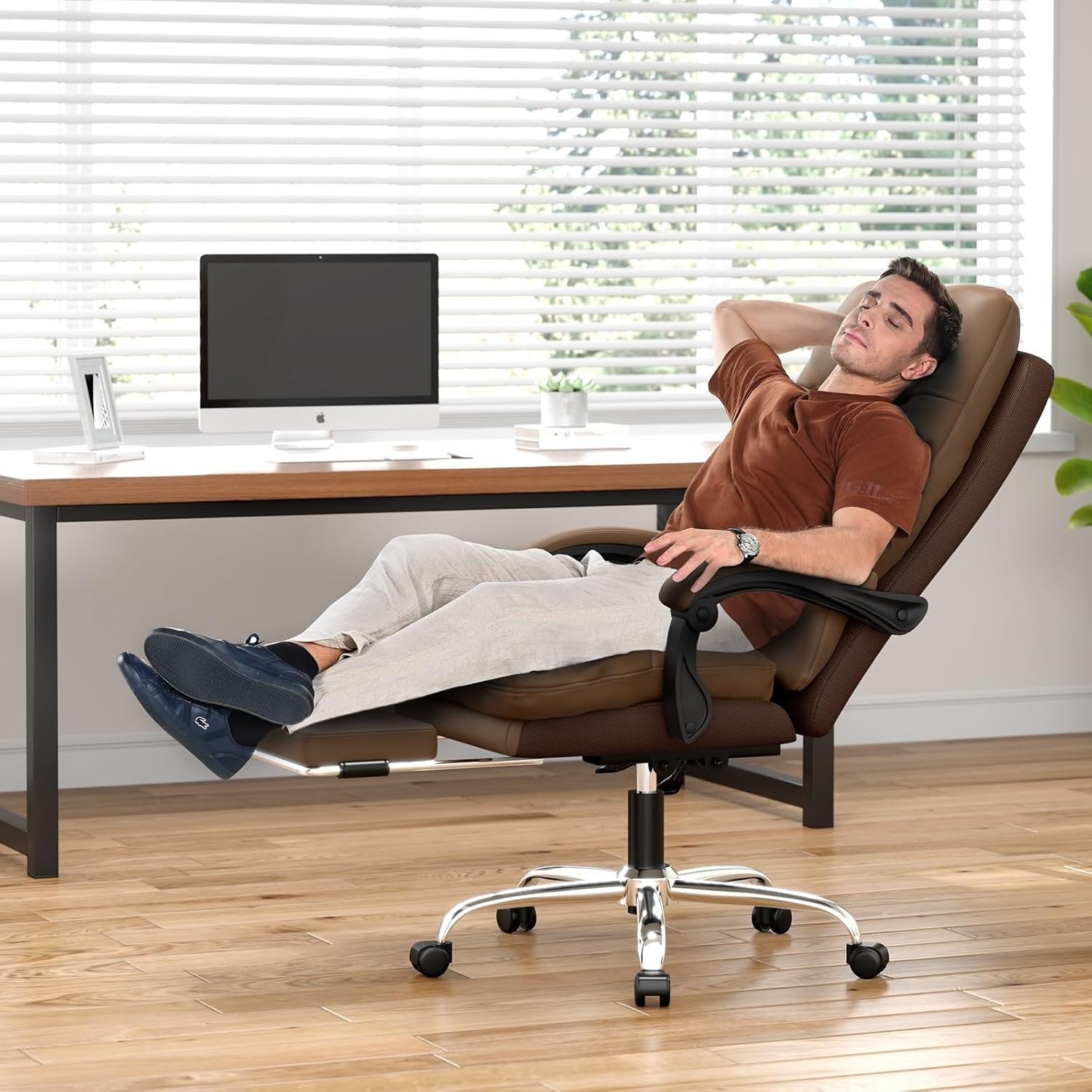 Big & Tall Ergonomic Office Chair Executive Adjustable Footrest Brown Faux Leath