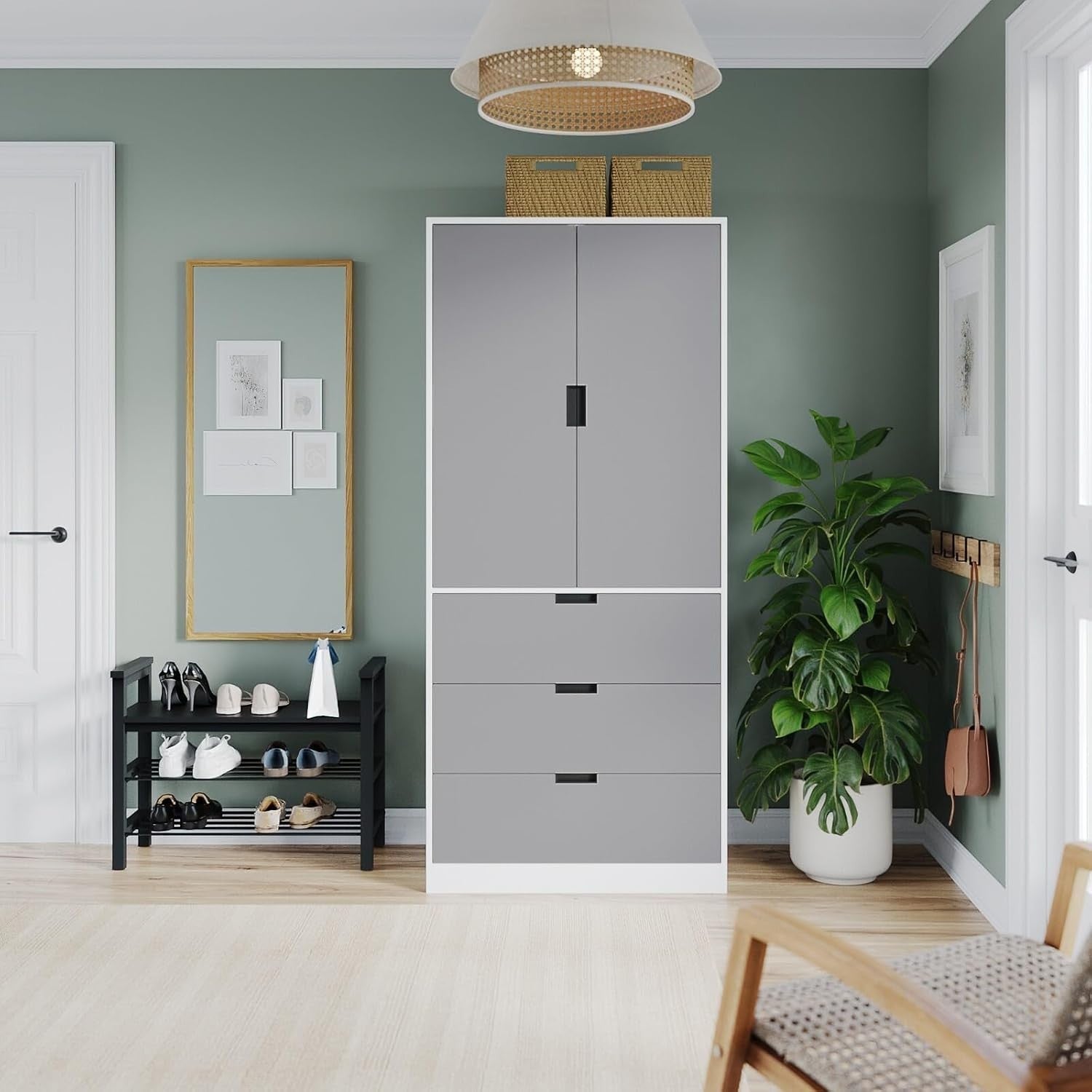 Tall Grey Wardrobe 2 Door 3 Drawer Modern Storage | Hanging Rail Unit