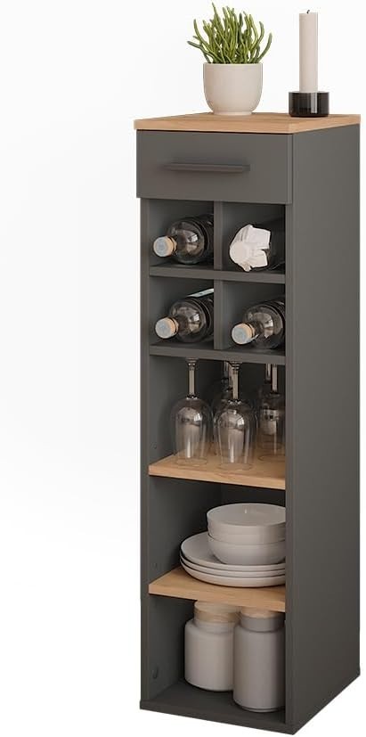 Modern Tall Wine Rack Cabinet with Shelves & Drawer | Oak & Anthracite 30x106cm