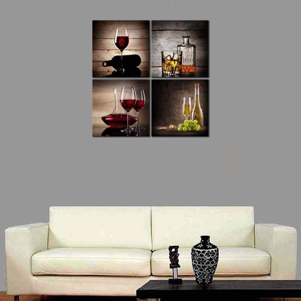 Red Wine Canvas Wall Art Set of 4 Framed 20x20in Modern Prints
