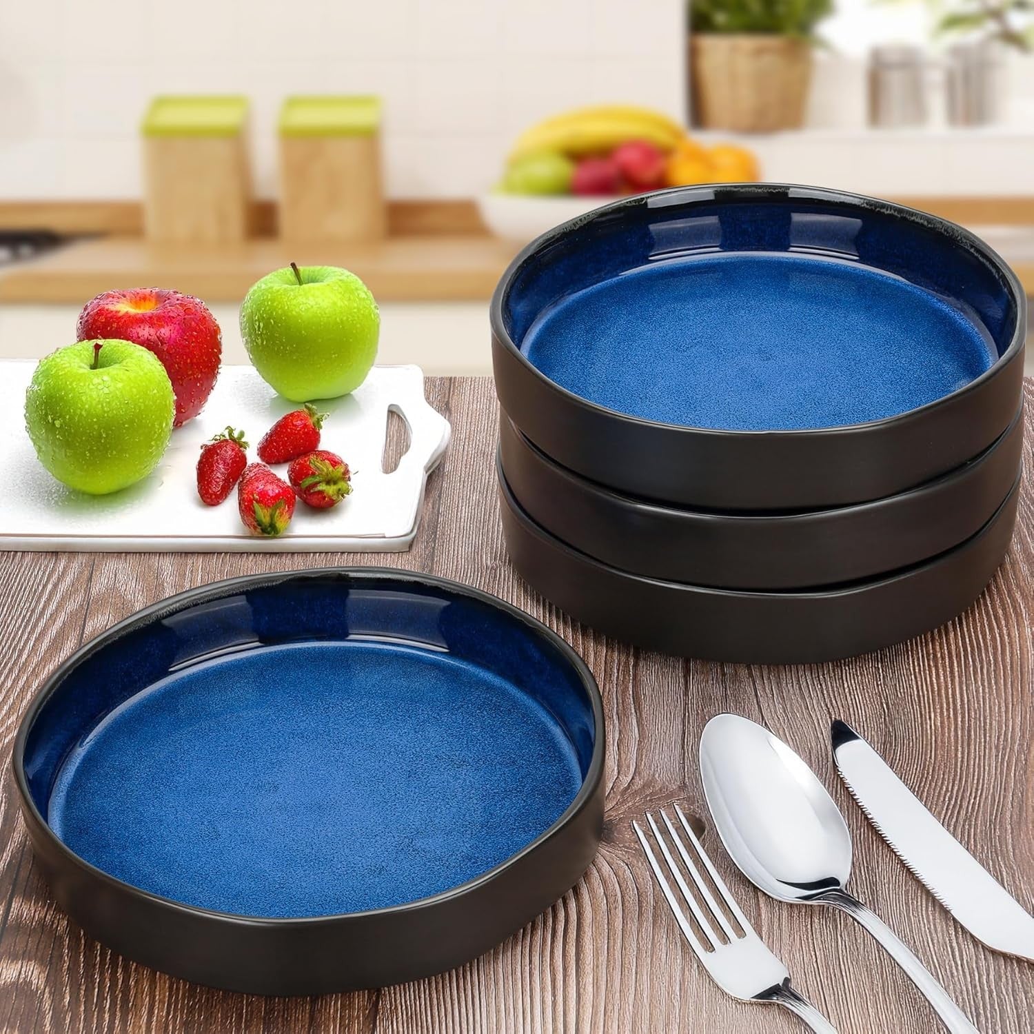 4pc Large Pasta Bowls 22cm Deep Porcelain Serving Bowls Blue Set