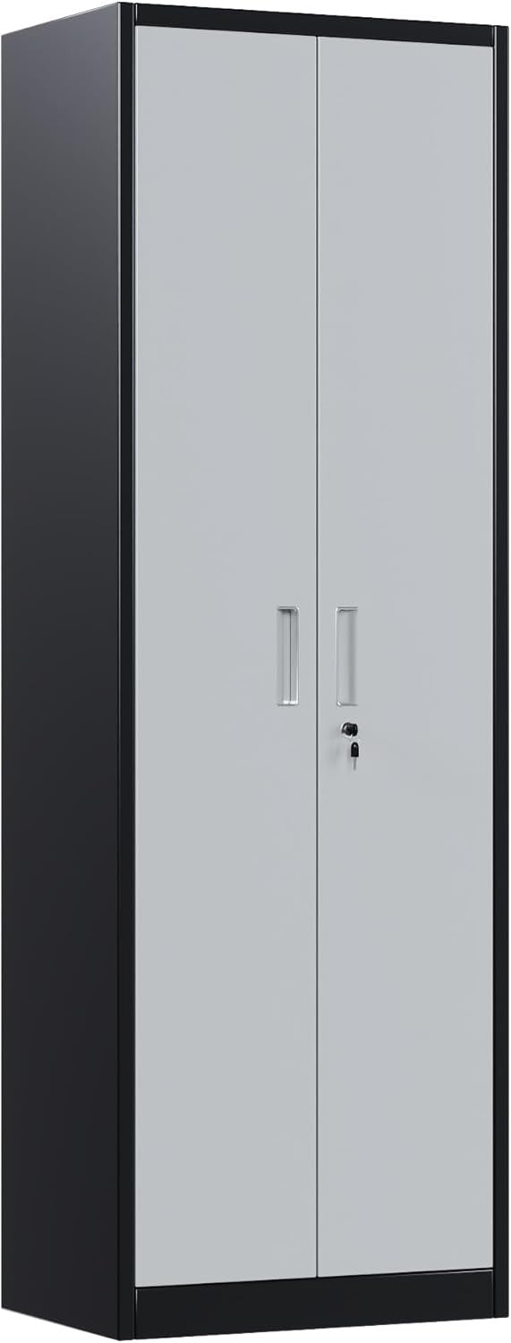 Black Grey Metal Storage Cabinet 2 Door Lockable Steel Cupboard Shelves 180cm