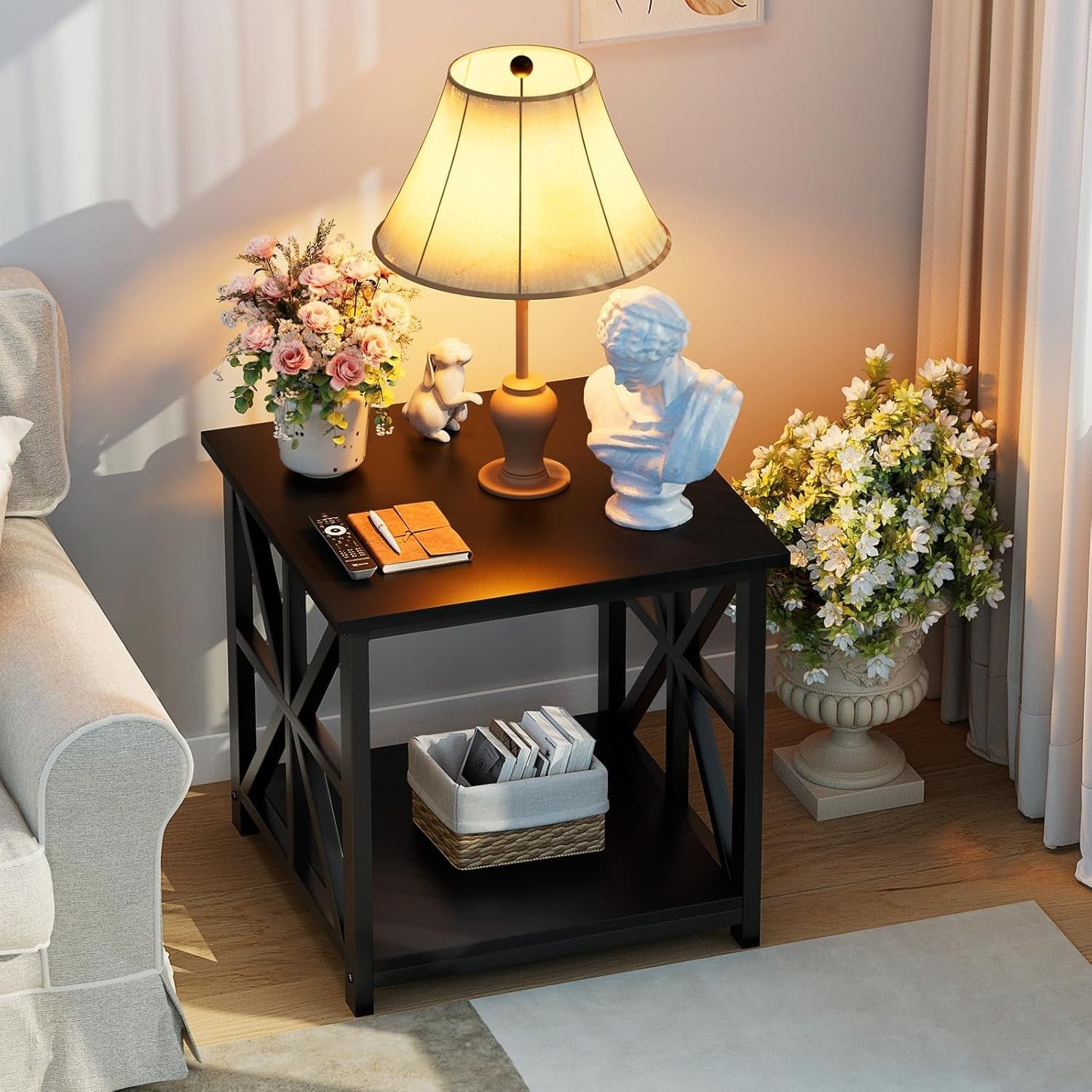 Black 2-Tier Square Side Table 50x50x50 cm | Farmhouse End Table w/ Storage