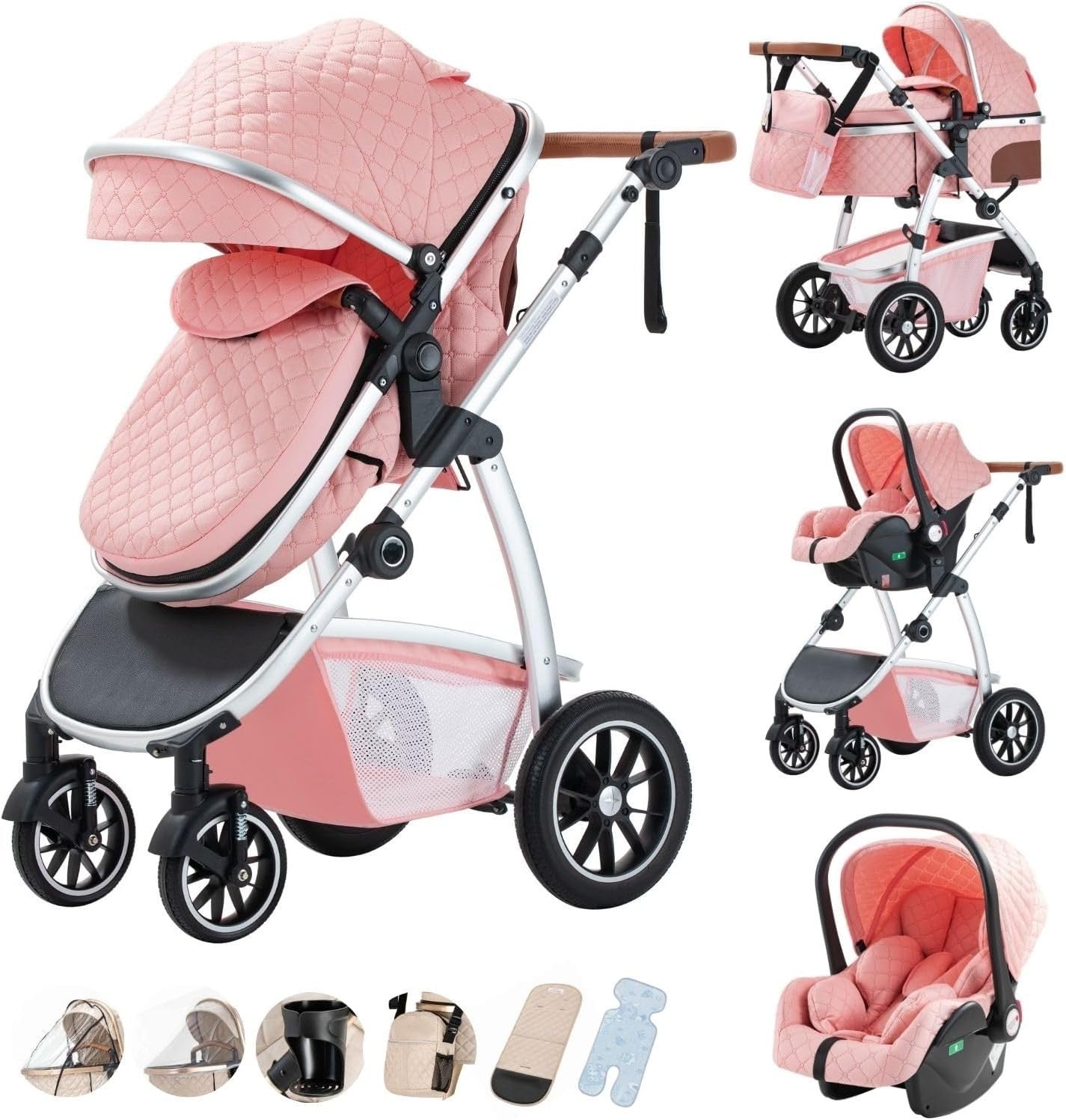 3-in-1 Baby Stroller Travel System Car Seat Pram Adjustable Handle Pink