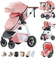 3-in-1 Baby Stroller Travel System Car Seat Pram Adjustable Handle Pink