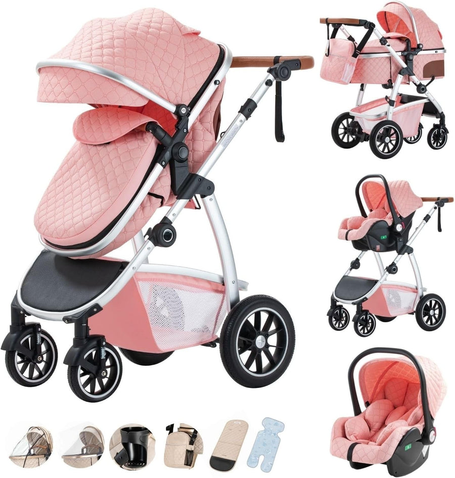 3-in-1 Baby Stroller Travel System Car Seat Pram Adjustable Handle Pink