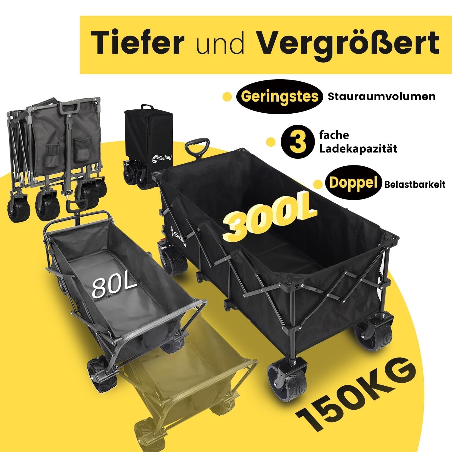 Black XXXL Folding Handcart 300L Heavy Duty 200kg All-Terrain Wide Wheel Wagon