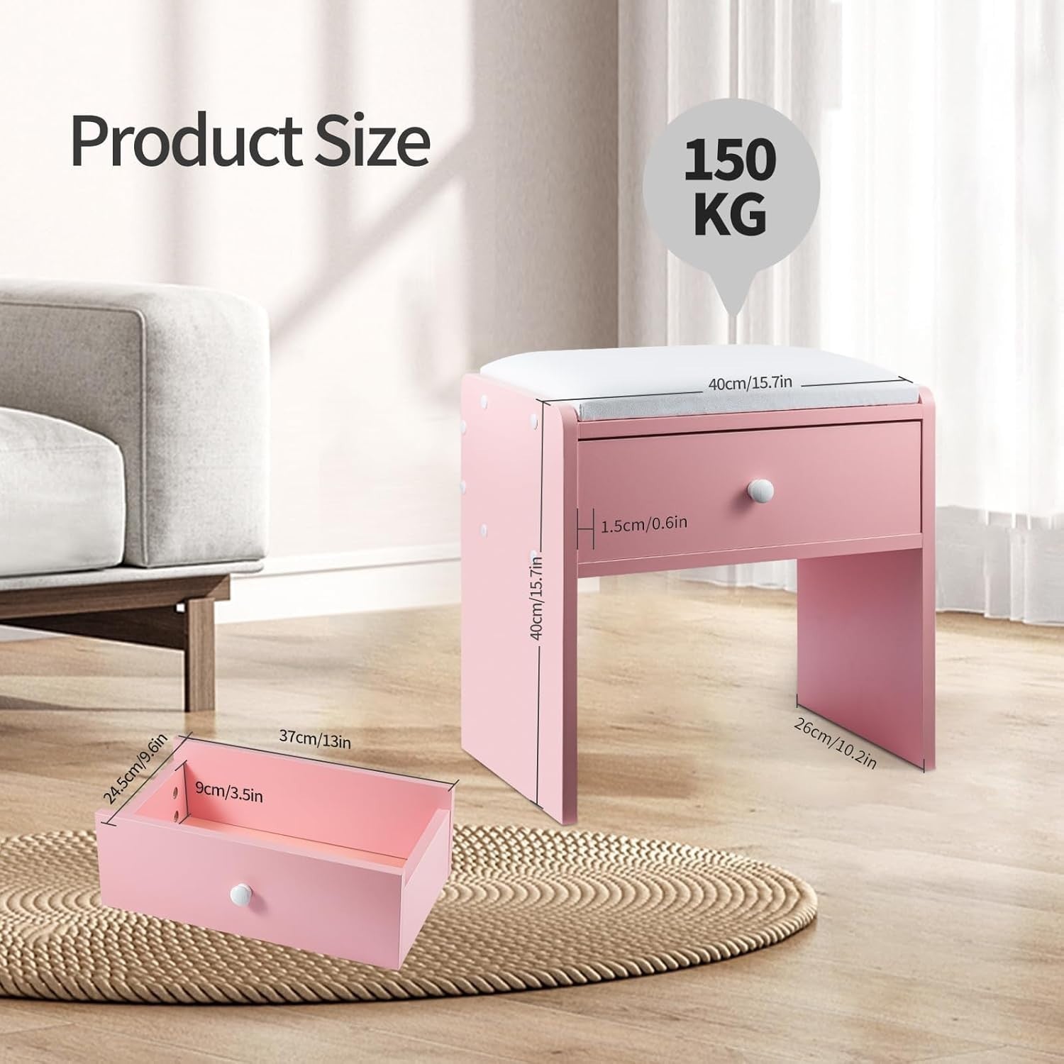 Pink Padded Vanity Stool with Drawer – Comfortable Makeup Stool for Bedroom