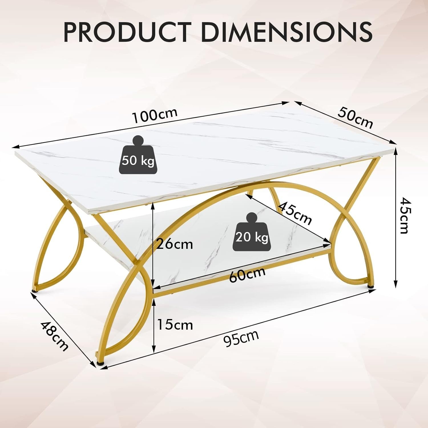 2-Tier Marble Coffee Table with Golden Frame – Rectangular Storage Shelf, 100x50