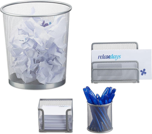 4-Piece Desk Organiser Set – Pen Holder, Letter Tray, Paper Bin Silver