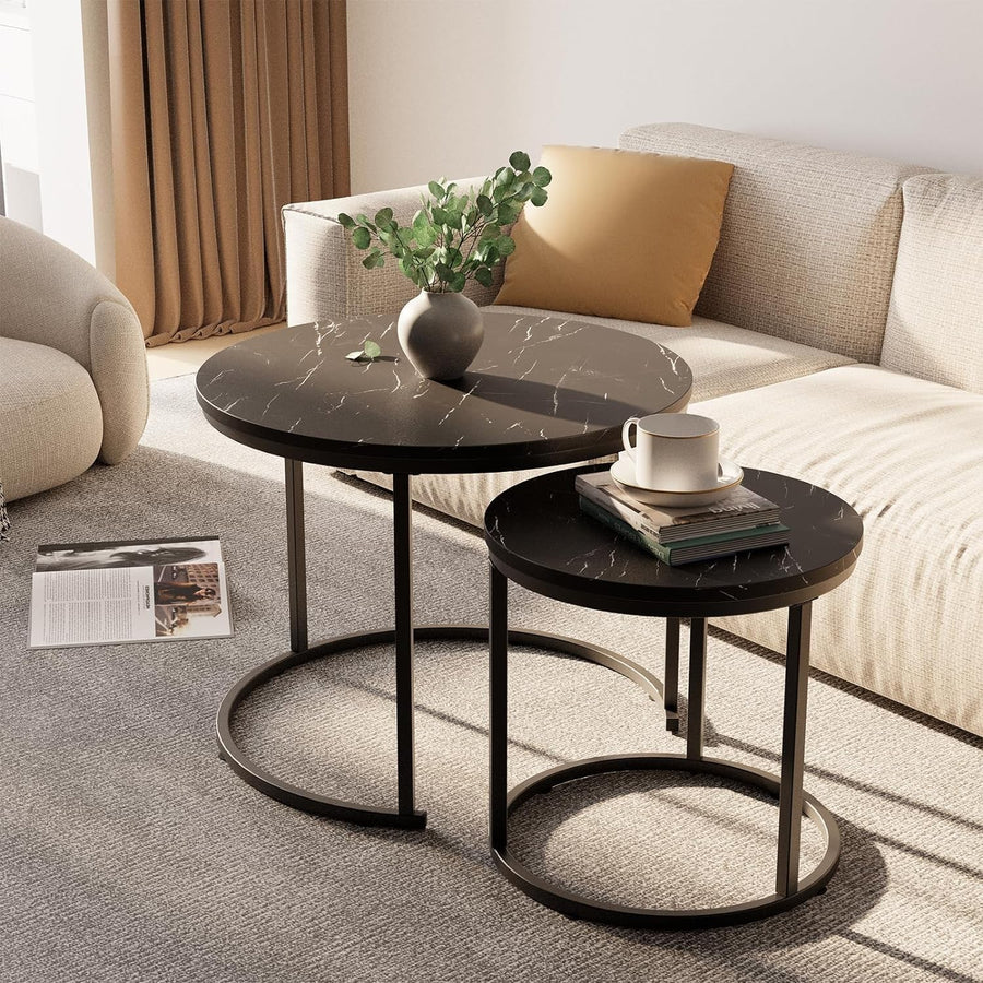 2-Piece Nesting Round Coffee Table Set with Black Marble Top & Black Metal Frame
