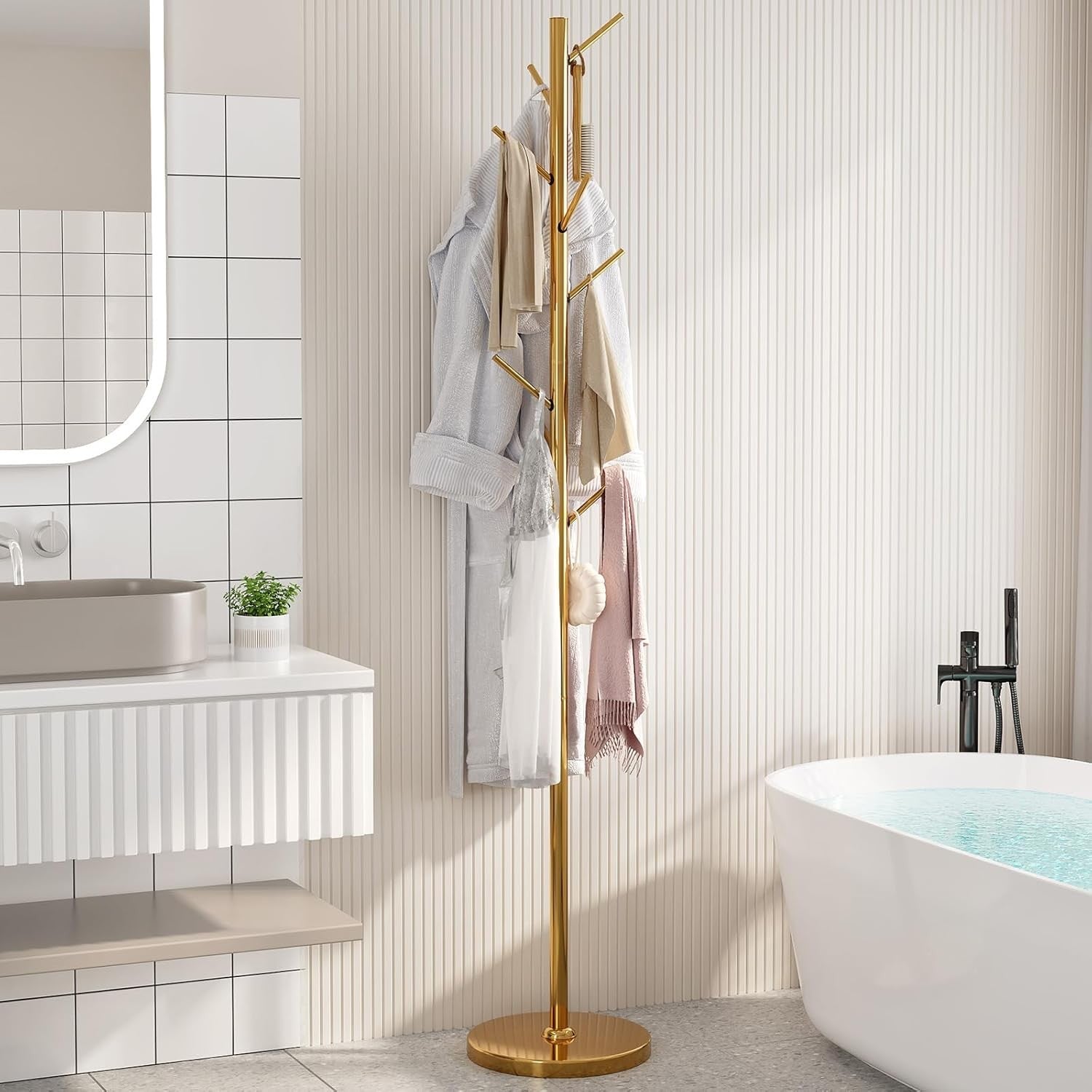 Gold Metal Coat Rack Stand 8 Hooks | Modern Freestanding Hall Tree 187cm