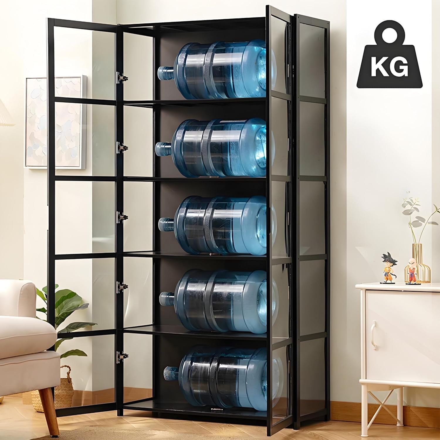 5 Tier Display Cabinet with LED Light, Acrylic Glass Door Curio Shelf Unit