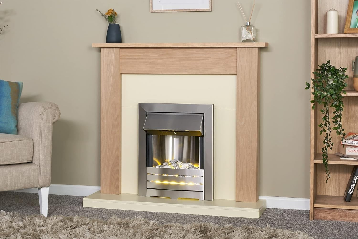 Modern Electric Fireplace with Oak Surround & LED Glow Effect, 2kW Heat