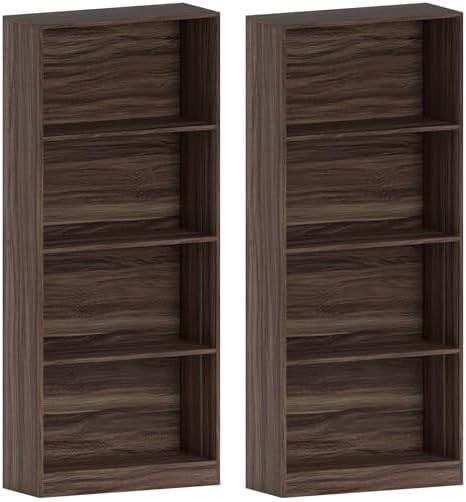 4 Tier Walnut Wooden Bookcase Modern Storage Display Shelf for Living Room 2Pcs