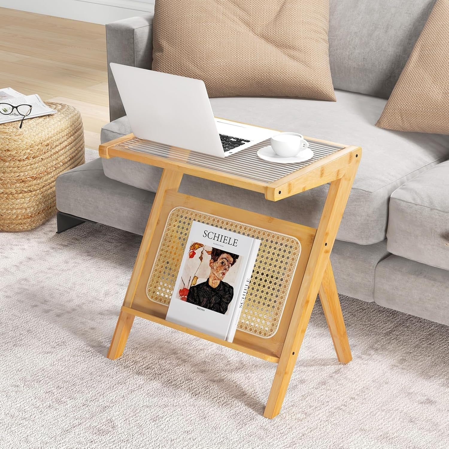 Slim Bamboo Side Table with Glass Top & Magazine Rack | 2-Tier Bedside Sofa Tabl