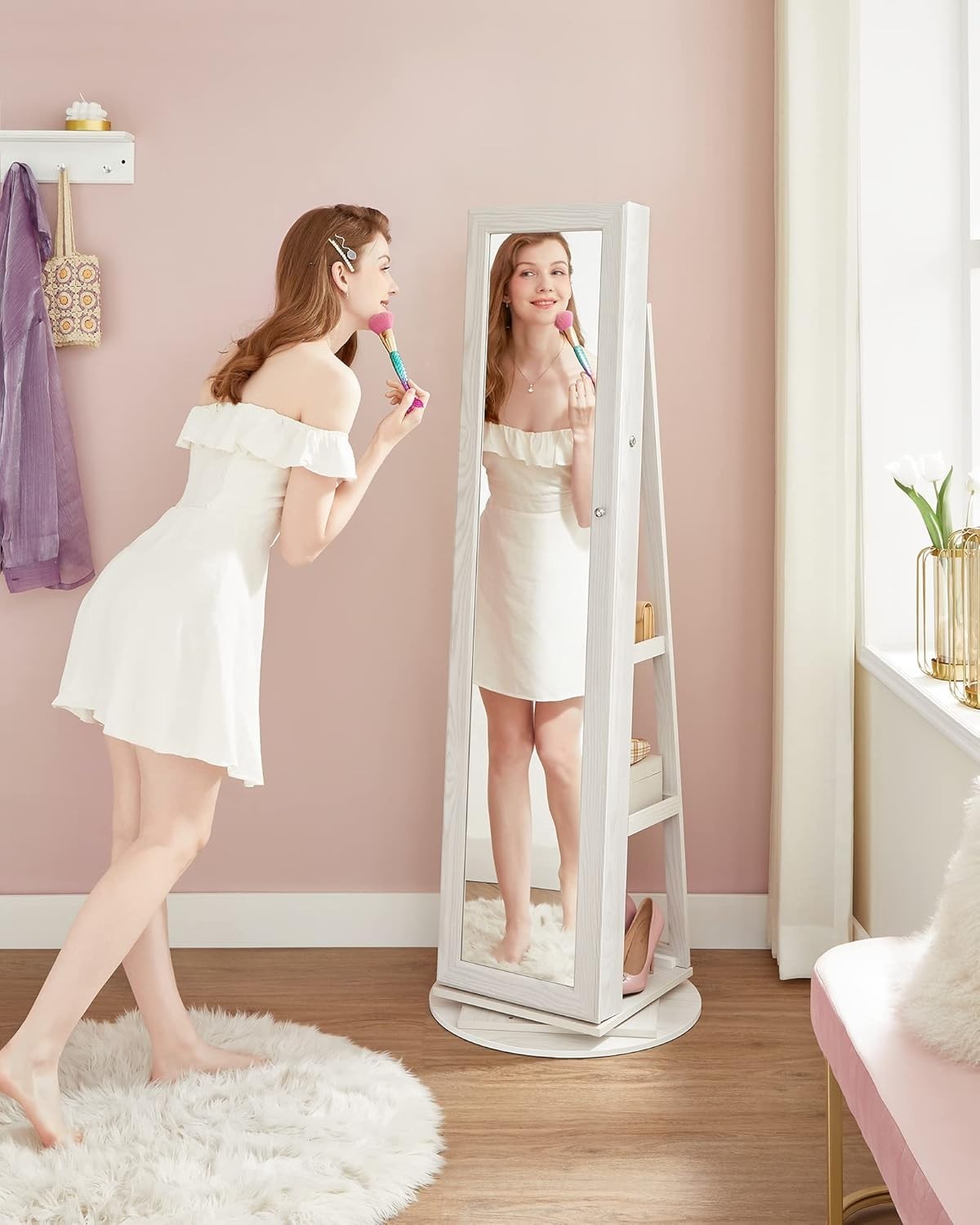 White & Grey Wood Grain 360° Swivel Jewelry Cabinet Mirror Lockable Stand