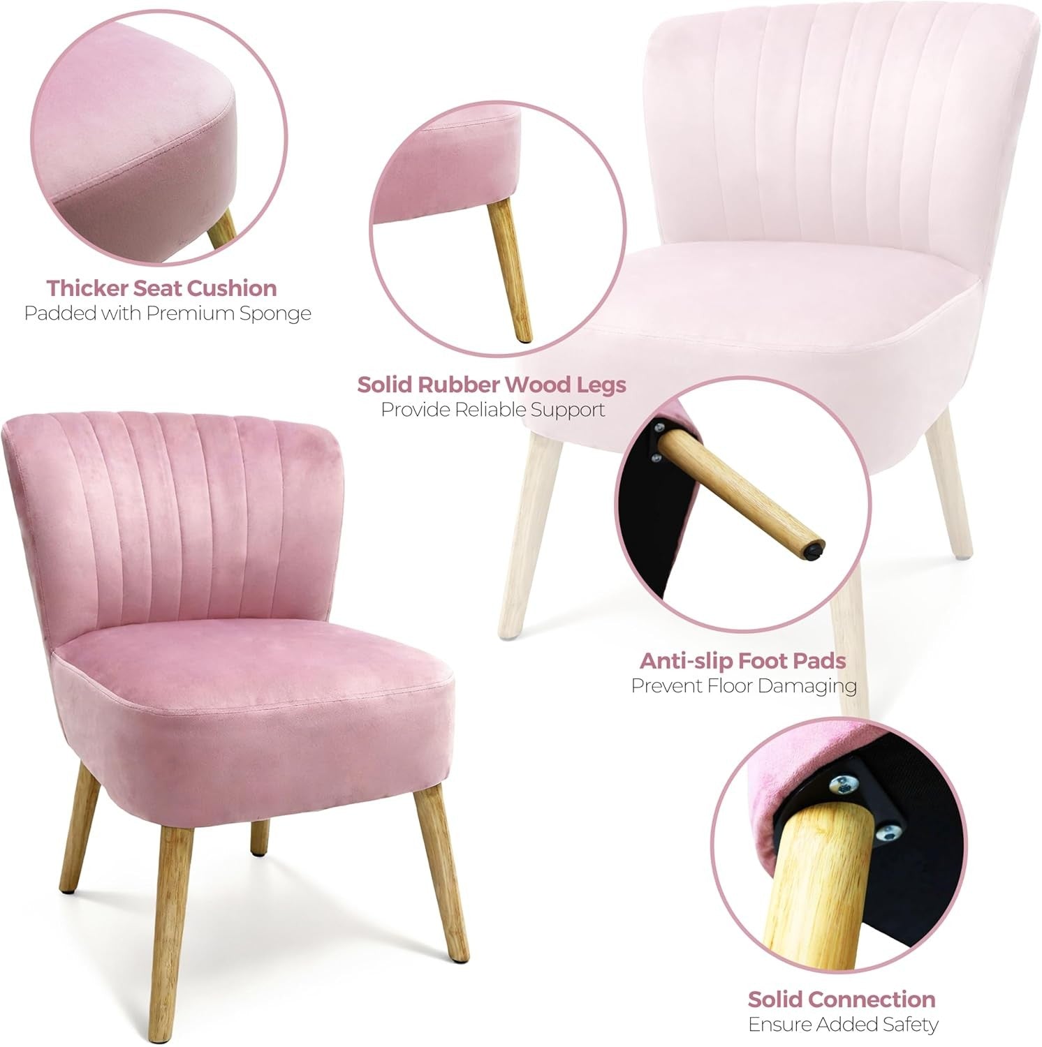 Pink Velvet Accent Chair Ergonomic Curved Back Lounge Seat
