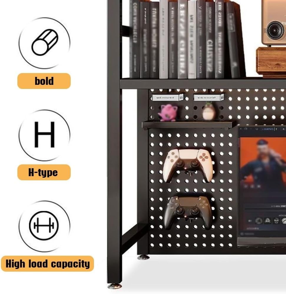 2-Tier Desk Bookshelf Organizer w/ Pegboard | Black Metal Desktop Shelf 135cm