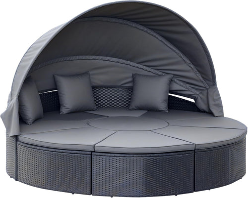 Luxury 4-Piece Rattan Garden Daybed Set w/ Canopy & Table – Round Sofa